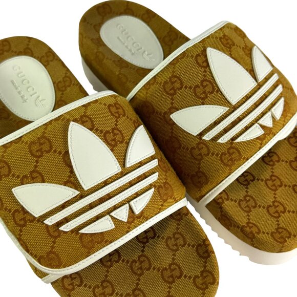GUCCI X ADIDAS 3518968J 8126 Brown Canvas GG Supreme Men's Slides 8 - 8.5US - Picture 6 of 13